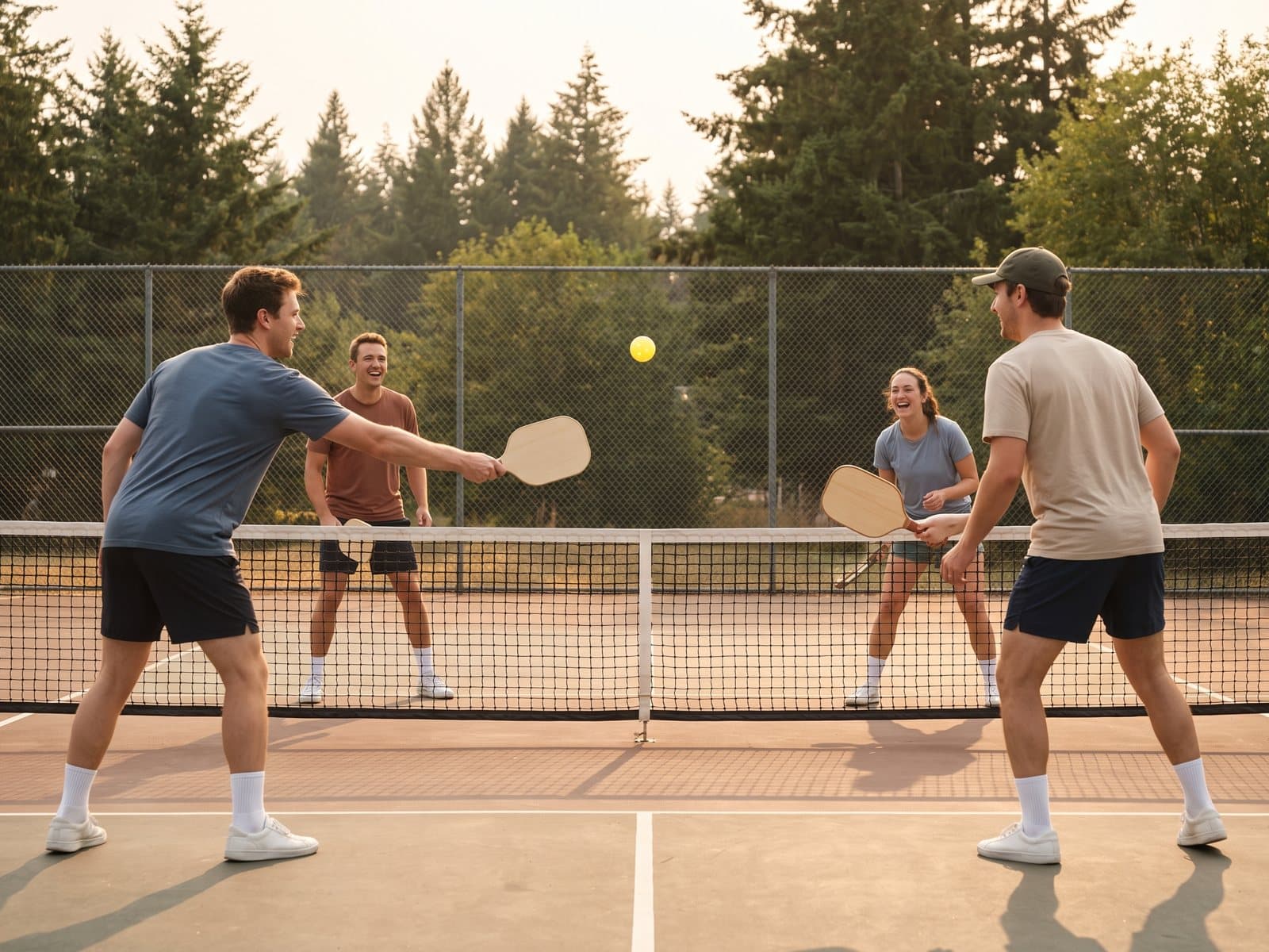 Four friends playing doubles pickleball on an outdoor court in evening light, wooden paddles in hand and a yellow ball in the air, evergreen trees behind the fence