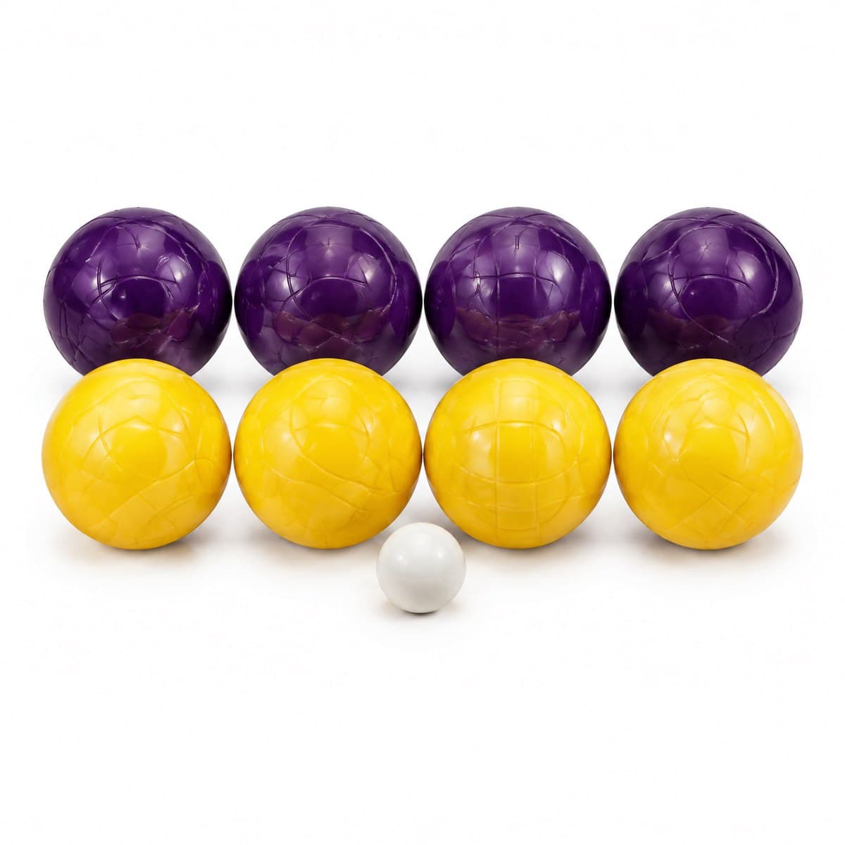 Eight marbled bocce balls, four purple and four yellow, in two rows with a small white target ball in front