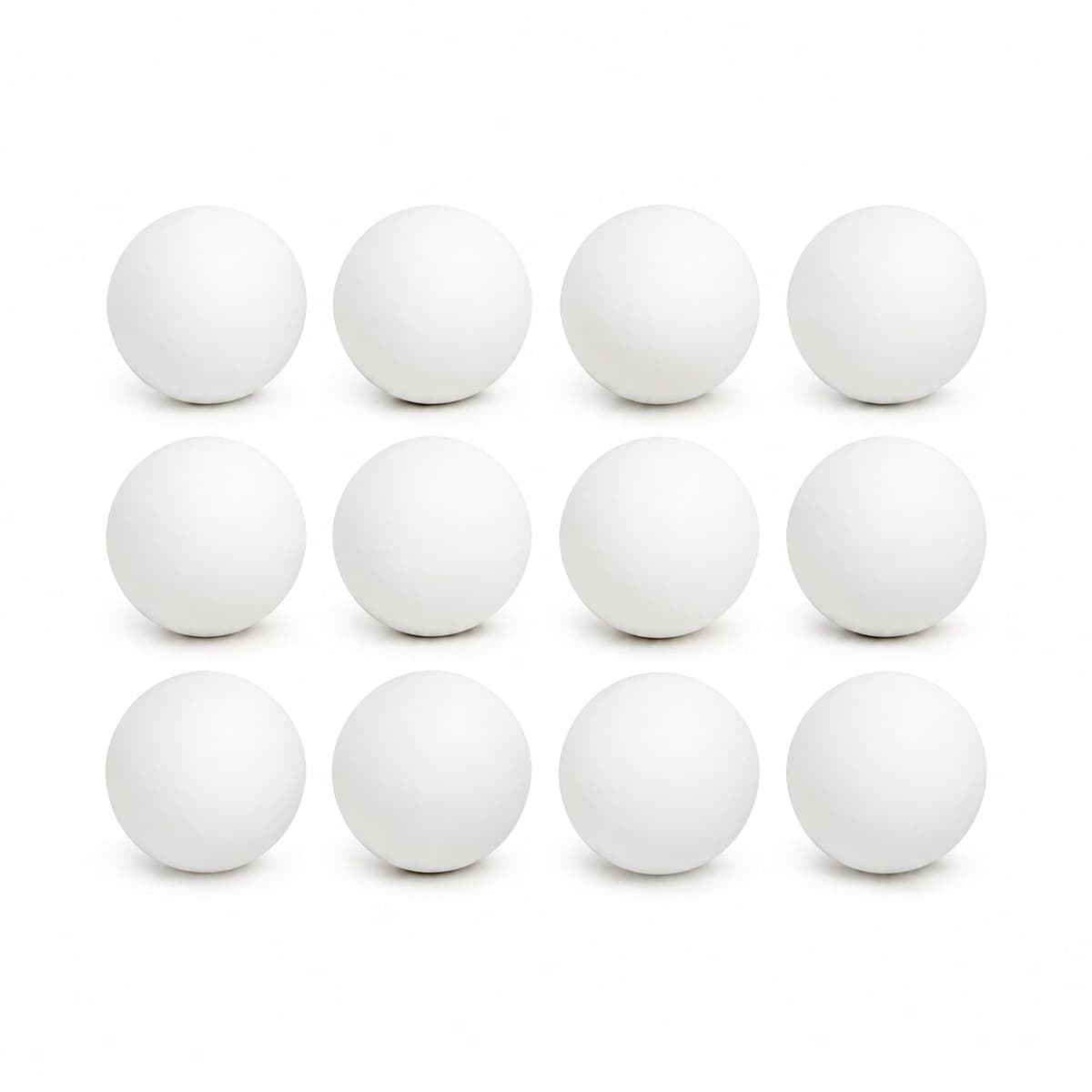 Twelve white table tennis balls in a grid of four by three