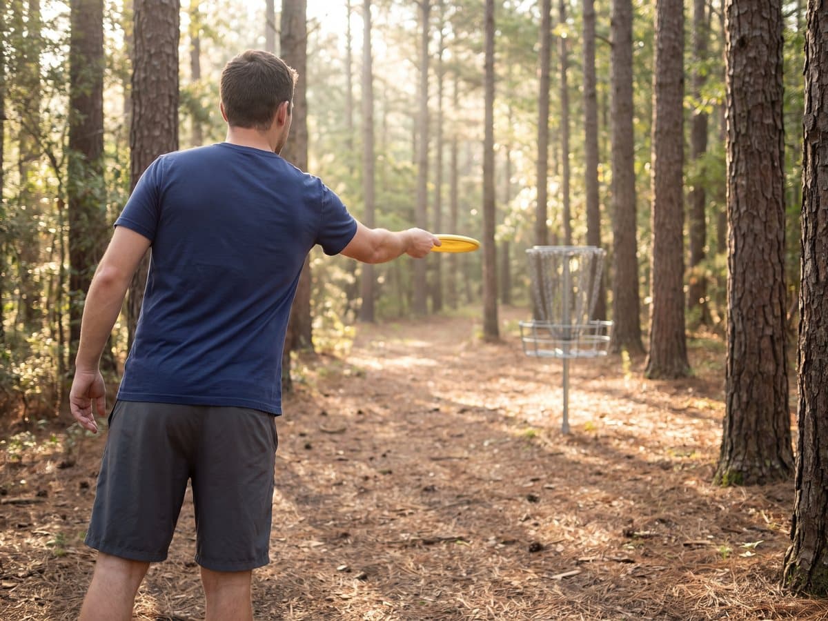 A man in a navy t-shirt throwing a yellow disc toward a disc golf basket on a wooded course in morning light
